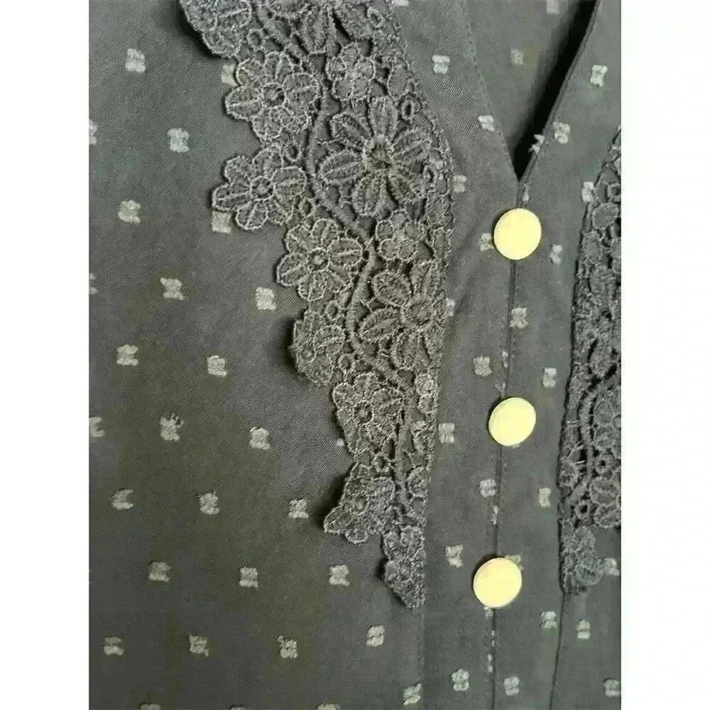 Women's V-Neck Textured Dot Blouse Lace Trim Puff Sleeve Blue S - Picture 5 of 13